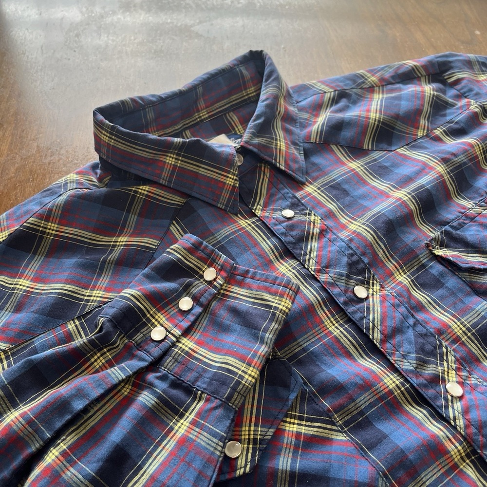 Wrangler Western Shirt Mens 2XL Blue Plaid Pearl Snap Long Sleeve Cowboy